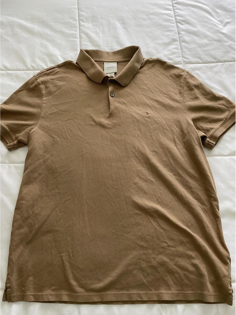 Calvin Klein Mens Short Sleeve Polo Shirt Cotton Tan Brown, Size Large, Like New